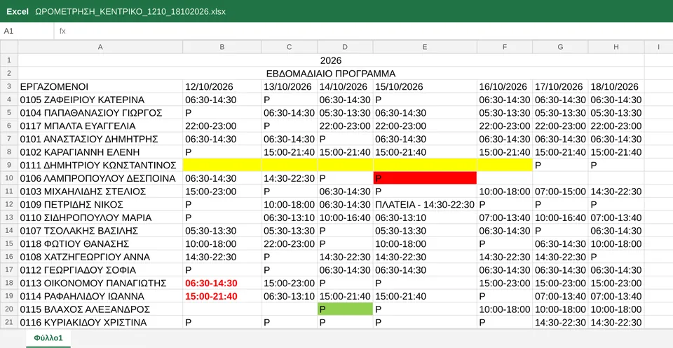 Αρχείο ΩΡΟΜΕΤΡΗΣΗ σε Excel: κωδικός και όνομα στην πρώτη στήλη, ωράρια ανά μέρα, Ρ για τα ρεπό και αλλαγές με κόκκινα.